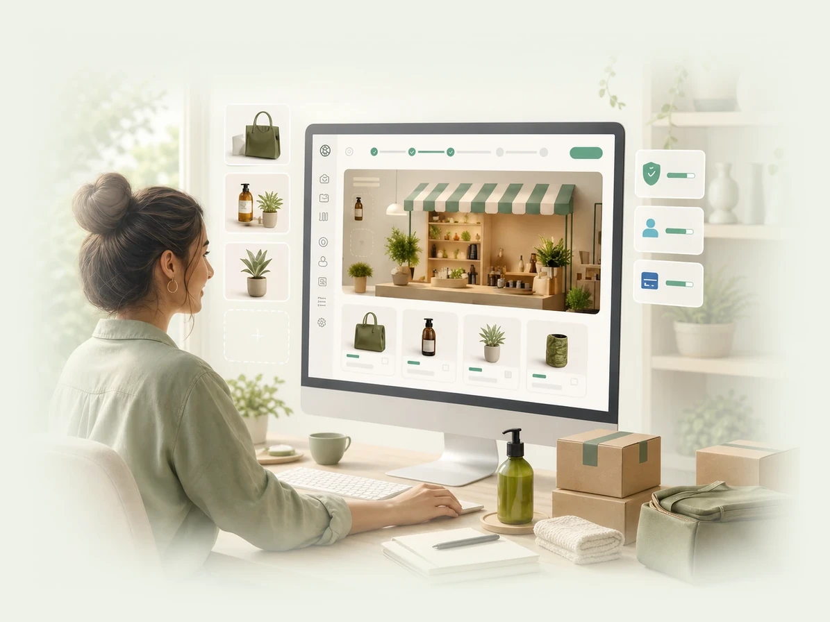 Seller building a CrowdStore shop on a desktop screen